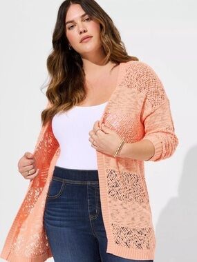 Torrid Open Stitch Peach Orange Cotton Long Cardigan Sweater Size 1XL